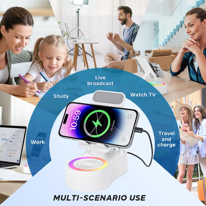 3-In-1 Wireless Charger Phone Stand with Bluetooth Speaker LED Ambient Light HD Surround Sound Minimalist Tech Desk Gadget Gift Men Women