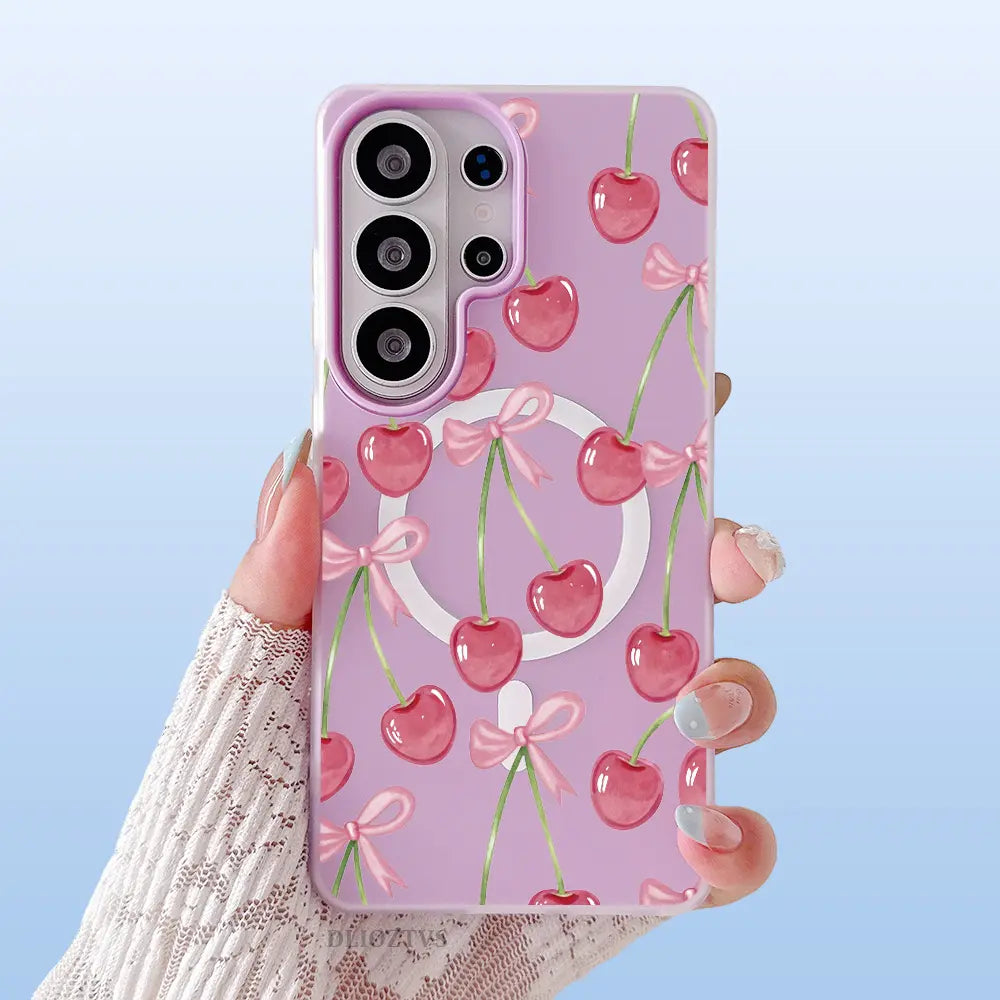 Pink Cherry and Bow Pattern Phone Case for Samsung Galaxy S26 Ultra S25 plus S24 FE S23 S22 Luxury Candy Color 2-In-1 Shockproof Magnetic Smartphone Case Matte Soft Cellphone Casing Cover