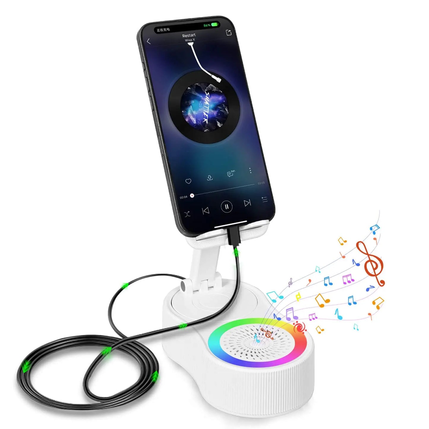 3-In-1 Wireless Charger Phone Stand with Bluetooth Speaker LED Ambient Light HD Surround Sound Minimalist Tech Desk Gadget Gift Men Women
