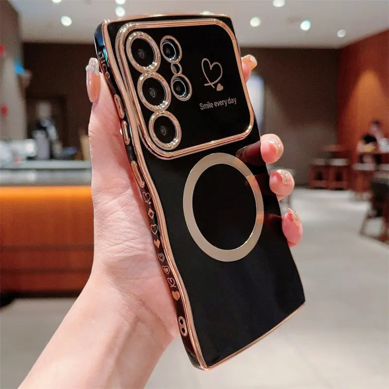 Wavy Edge Plating Smartphone Casing, Magnetic CD Pattern Shockproof Love Heart Cellphone Cover, Handheld Phone Accessories for Samsung S24 FE, S25 Ultra