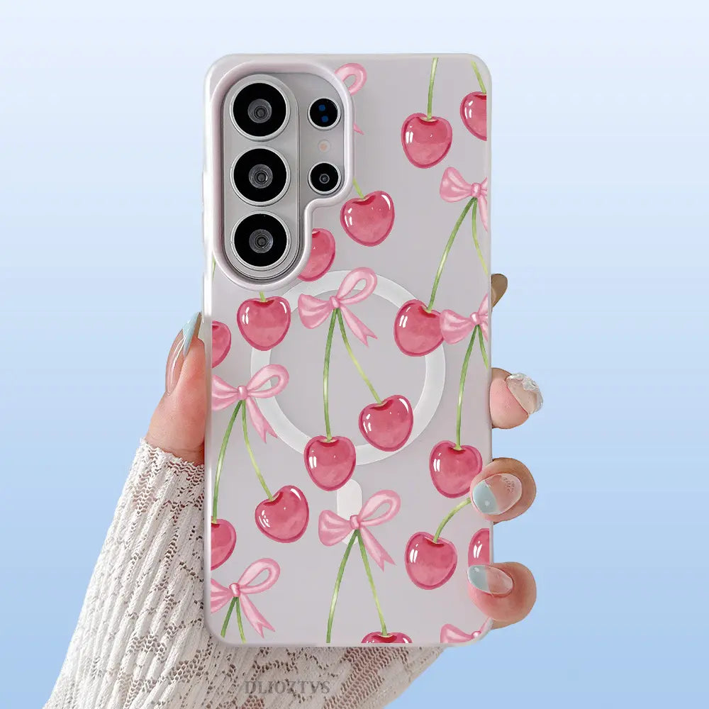 Pink Cherry and Bow Pattern Phone Case for Samsung Galaxy S26 Ultra S25 plus S24 FE S23 S22 Luxury Candy Color 2-In-1 Shockproof Magnetic Smartphone Case Matte Soft Cellphone Casing Cover