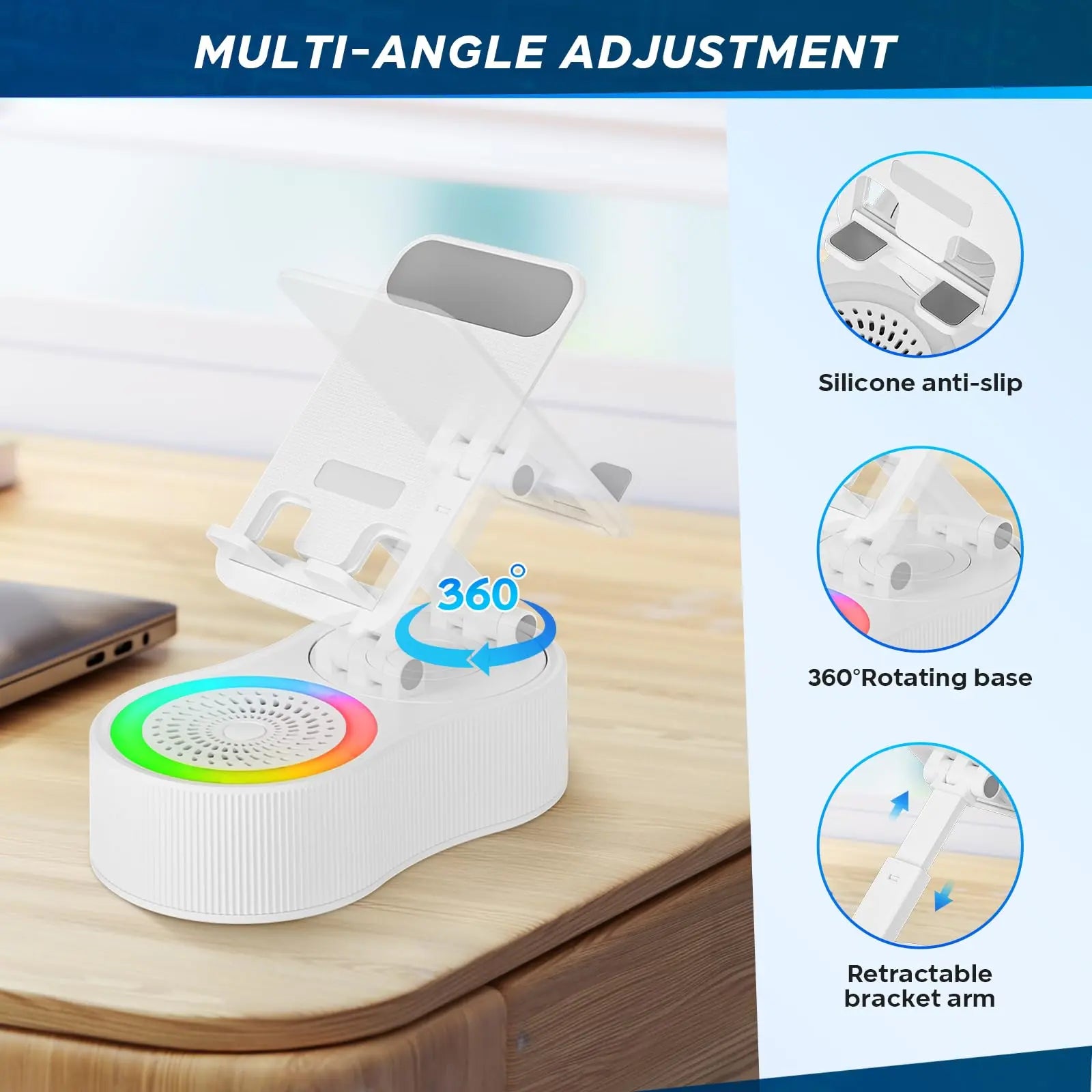 3-In-1 Wireless Charger Phone Stand with Bluetooth Speaker LED Ambient Light HD Surround Sound Minimalist Tech Desk Gadget Gift Men Women