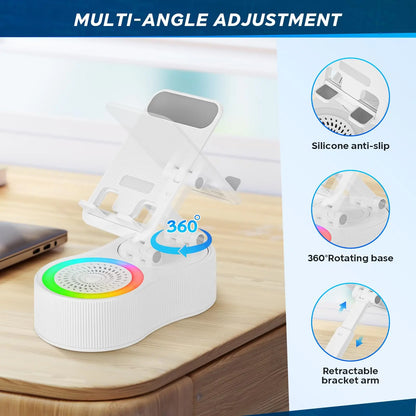 3-In-1 Wireless Charger Phone Stand with Bluetooth Speaker LED Ambient Light HD Surround Sound Minimalist Tech Desk Gadget Gift Men Women