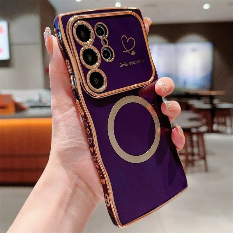 Wavy Edge Plating Smartphone Casing, Magnetic CD Pattern Shockproof Love Heart Cellphone Cover, Handheld Phone Accessories for Samsung S24 FE, S25 Ultra