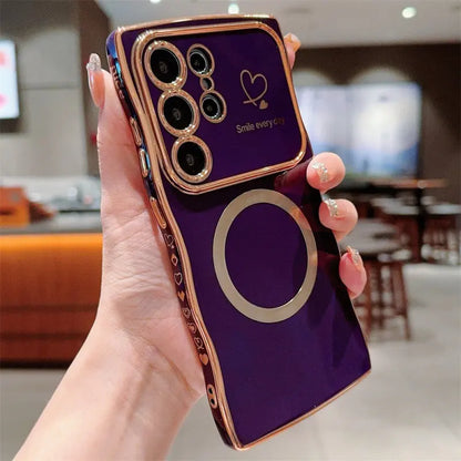 Wavy Edge Plating Smartphone Casing, Magnetic CD Pattern Shockproof Love Heart Cellphone Cover, Handheld Phone Accessories for Samsung S24 FE, S25 Ultra