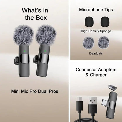 Wireless Microphone for Iphone/Smartphone, Microphones with Clearer Audio for Video Recording, Interview, Vlog，Noise Reduction Device Noise Cancellation Stereo Wireless Vlogging Tools Handheld Mic Microfono Minimic