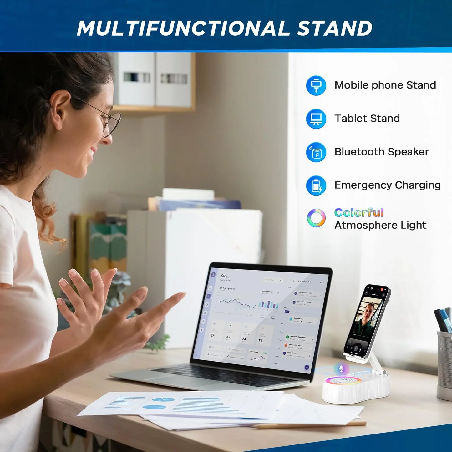 3-In-1 Wireless Charger Phone Stand with Bluetooth Speaker LED Ambient Light HD Surround Sound Minimalist Tech Desk Gadget Gift Men Women