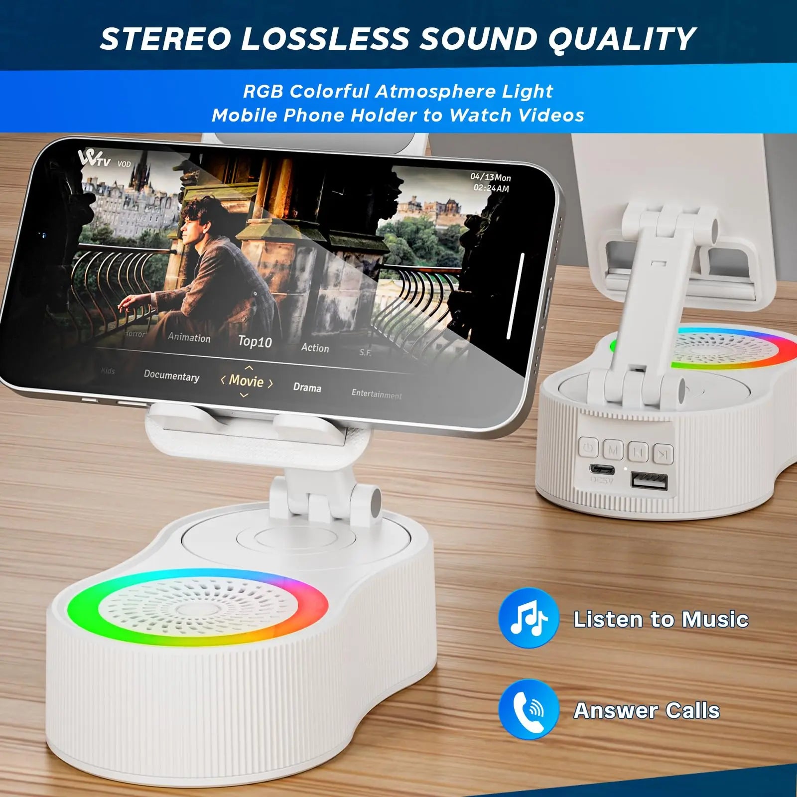 3-In-1 Wireless Charger Phone Stand with Bluetooth Speaker LED Ambient Light HD Surround Sound Minimalist Tech Desk Gadget Gift Men Women