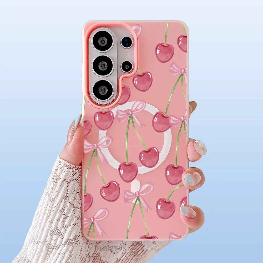 Pink Cherry and Bow Pattern Phone Case for Samsung Galaxy S26 Ultra S25 plus S24 FE S23 S22 Luxury Candy Color 2-In-1 Shockproof Magnetic Smartphone Case Matte Soft Cellphone Casing Cover