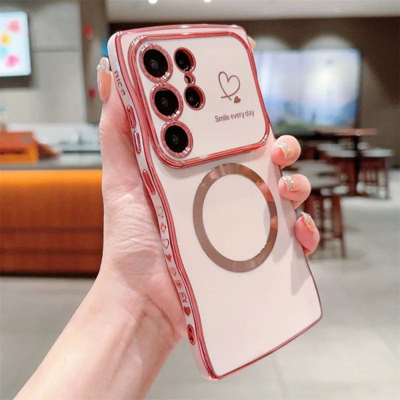 Wavy Edge Plating Smartphone Casing, Magnetic CD Pattern Shockproof Love Heart Cellphone Cover, Handheld Phone Accessories for Samsung S24 FE, S25 Ultra