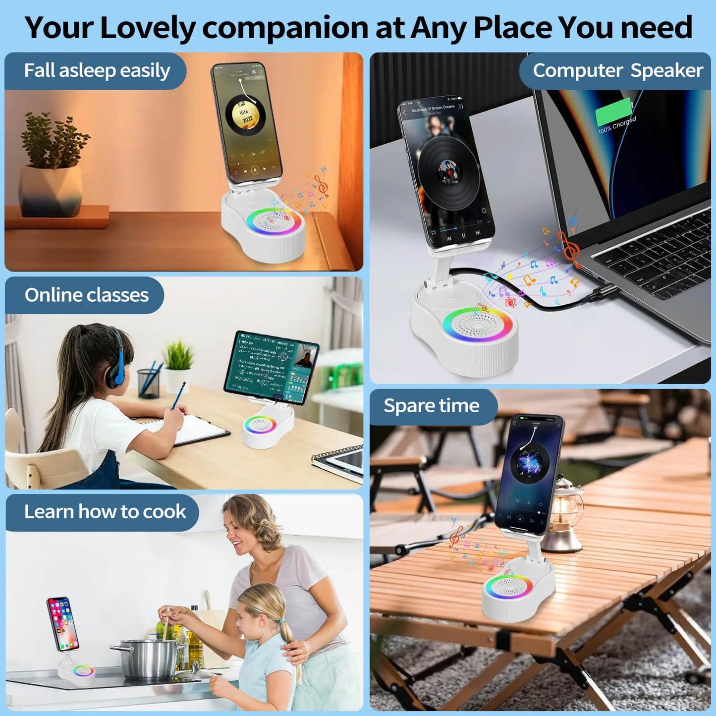 3-In-1 Wireless Charger Phone Stand with Bluetooth Speaker LED Ambient Light HD Surround Sound Minimalist Tech Desk Gadget Gift Men Women