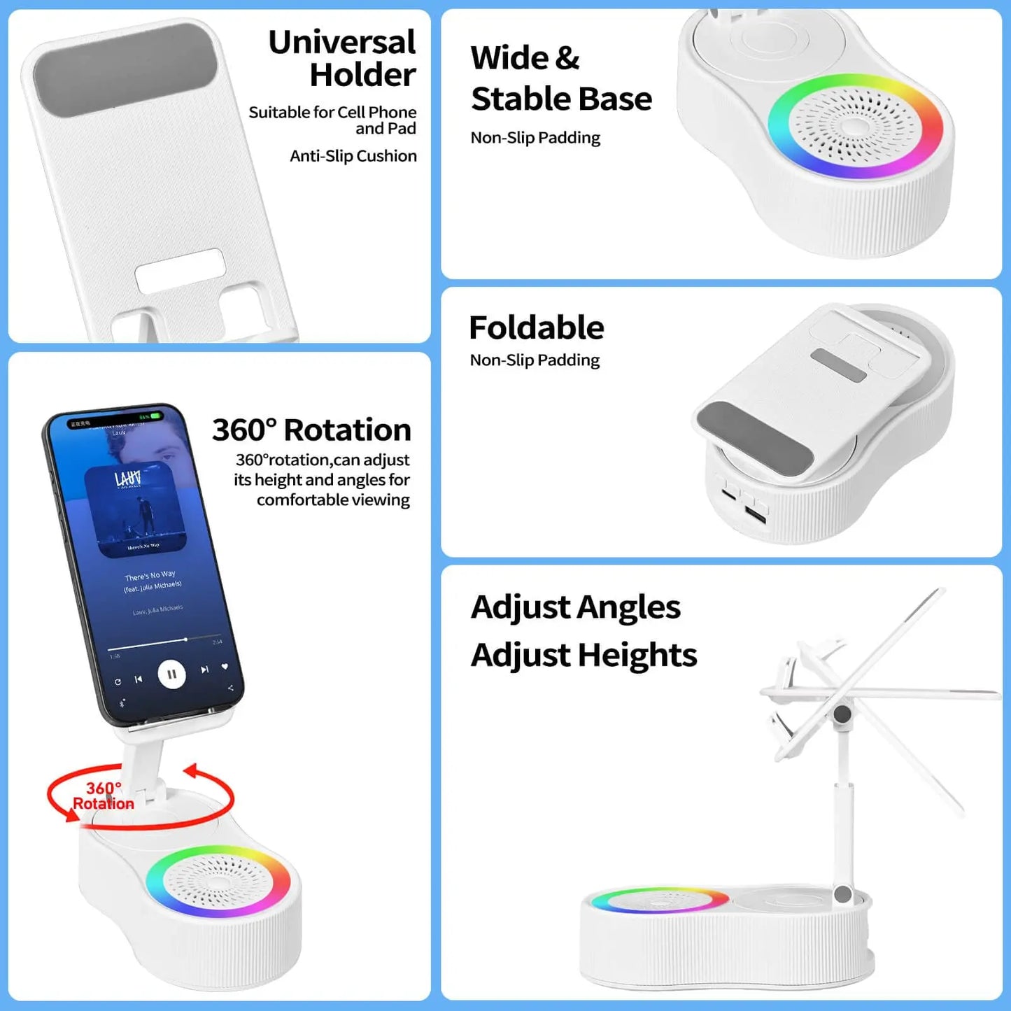 3-In-1 Wireless Charger Phone Stand with Bluetooth Speaker LED Ambient Light HD Surround Sound Minimalist Tech Desk Gadget Gift Men Women