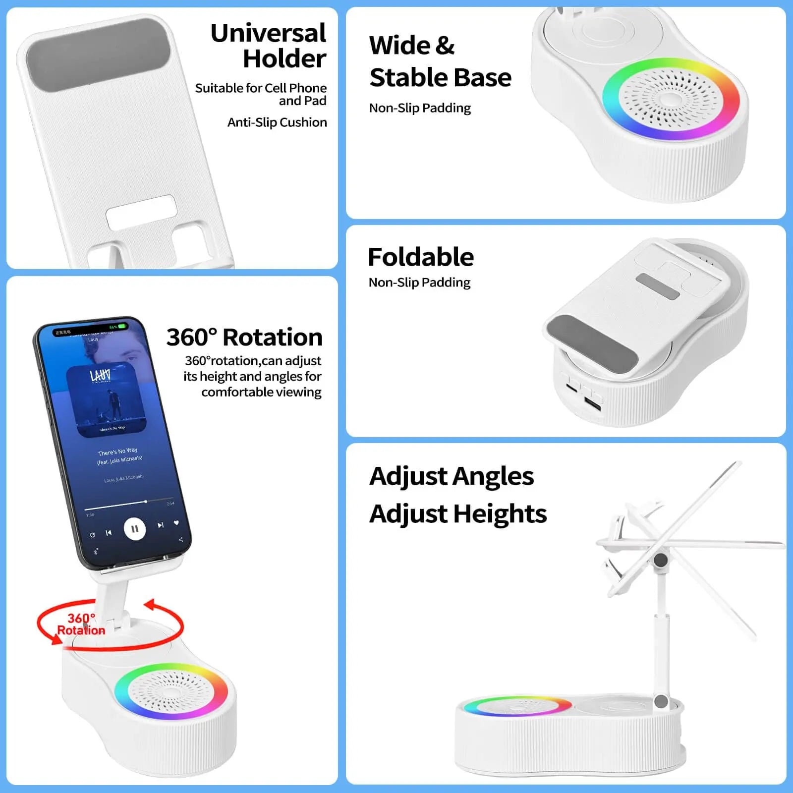 3-In-1 Wireless Charger Phone Stand with Bluetooth Speaker LED Ambient Light HD Surround Sound Minimalist Tech Desk Gadget Gift Men Women