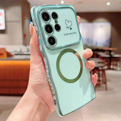 Wavy Edge Plating Smartphone Casing, Magnetic CD Pattern Shockproof Love Heart Cellphone Cover, Handheld Phone Accessories for Samsung S24 FE, S25 Ultra