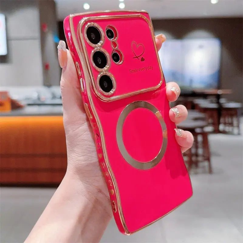 Wavy Edge Plating Smartphone Casing, Magnetic CD Pattern Shockproof Love Heart Cellphone Cover, Handheld Phone Accessories for Samsung S24 FE, S25 Ultra