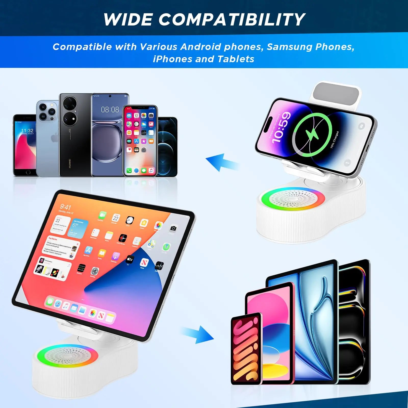 3-In-1 Wireless Charger Phone Stand with Bluetooth Speaker LED Ambient Light HD Surround Sound Minimalist Tech Desk Gadget Gift Men Women