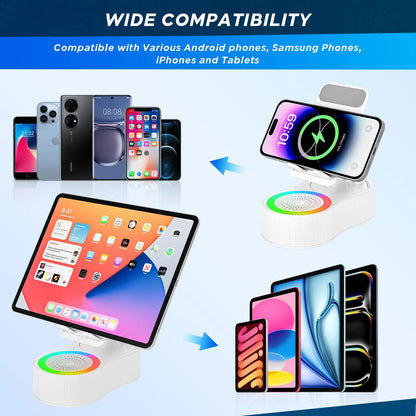 3-In-1 Wireless Charger Phone Stand with Bluetooth Speaker LED Ambient Light HD Surround Sound Minimalist Tech Desk Gadget Gift Men Women