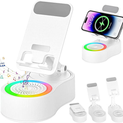 3-In-1 Wireless Charger Phone Stand with Bluetooth Speaker LED Ambient Light HD Surround Sound Minimalist Tech Desk Gadget Gift Men Women
