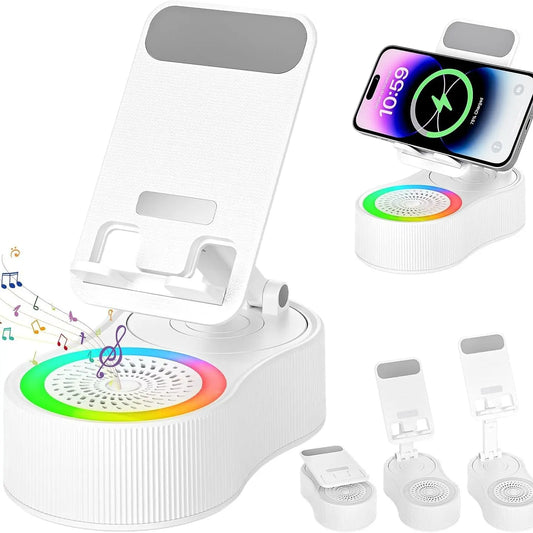 3-In-1 Wireless Charger Phone Stand with Bluetooth Speaker LED Ambient Light HD Surround Sound Minimalist Tech Desk Gadget Gift Men Women