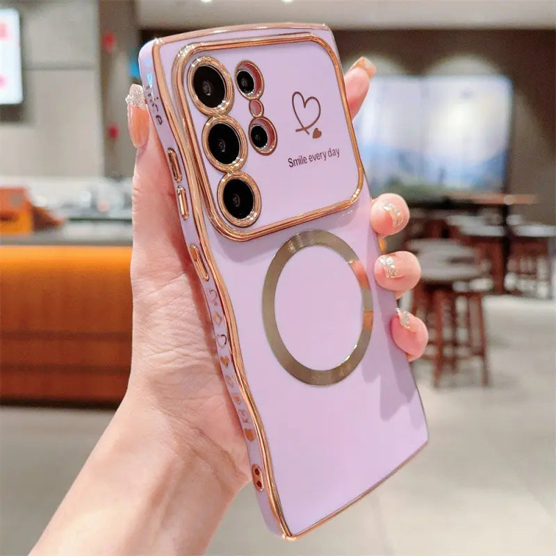 Wavy Edge Plating Smartphone Casing, Magnetic CD Pattern Shockproof Love Heart Cellphone Cover, Handheld Phone Accessories for Samsung S24 FE, S25 Ultra
