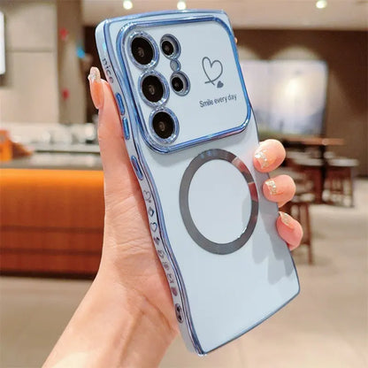 Wavy Edge Plating Smartphone Casing, Magnetic CD Pattern Shockproof Love Heart Cellphone Cover, Handheld Phone Accessories for Samsung S24 FE, S25 Ultra