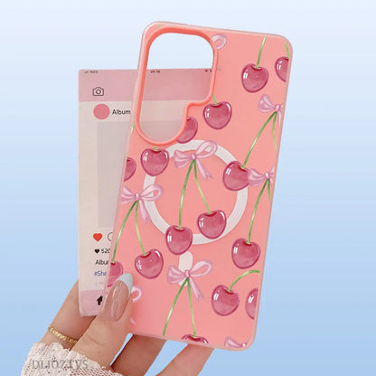 Pink Cherry and Bow Pattern Phone Case for Samsung Galaxy S26 Ultra S25 plus S24 FE S23 S22 Luxury Candy Color 2-In-1 Shockproof Magnetic Smartphone Case Matte Soft Cellphone Casing Cover