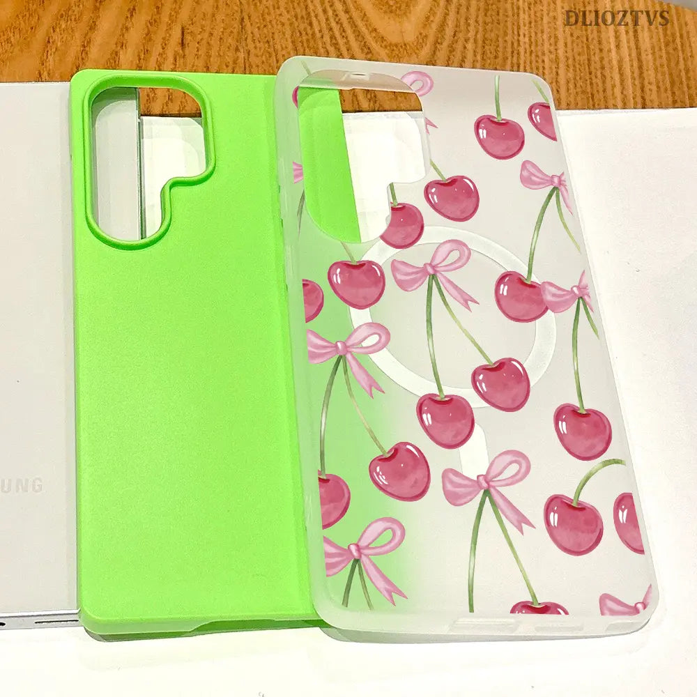 Pink Cherry and Bow Pattern Phone Case for Samsung Galaxy S26 Ultra S25 plus S24 FE S23 S22 Luxury Candy Color 2-In-1 Shockproof Magnetic Smartphone Case Matte Soft Cellphone Casing Cover