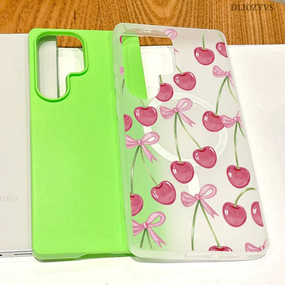 Pink Cherry and Bow Pattern Phone Case for Samsung Galaxy S26 Ultra S25 plus S24 FE S23 S22 Luxury Candy Color 2-In-1 Shockproof Magnetic Smartphone Case Matte Soft Cellphone Casing Cover