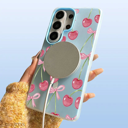 Pink Cherry and Bow Pattern Phone Case for Samsung Galaxy S26 Ultra S25 plus S24 FE S23 S22 Luxury Candy Color 2-In-1 Shockproof Magnetic Smartphone Case Matte Soft Cellphone Casing Cover