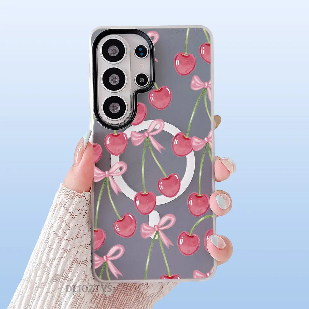 Pink Cherry and Bow Pattern Phone Case for Samsung Galaxy S26 Ultra S25 plus S24 FE S23 S22 Luxury Candy Color 2-In-1 Shockproof Magnetic Smartphone Case Matte Soft Cellphone Casing Cover
