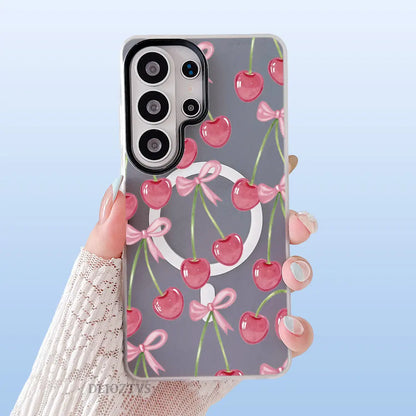 Pink Cherry and Bow Pattern Phone Case for Samsung Galaxy S26 Ultra S25 plus S24 FE S23 S22 Luxury Candy Color 2-In-1 Shockproof Magnetic Smartphone Case Matte Soft Cellphone Casing Cover