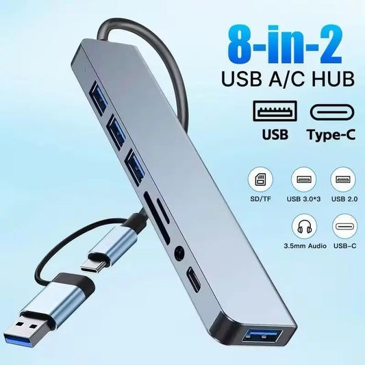 USB Type C (Can Convert to USB) 8 in 1 USB Hub with Multiple Ports Docking Station, Light Weight Slim Design USB Hub, USB 3.0, USB 2.0 SD/TF, Audio Ports for Computer, Laptop, Tablet
