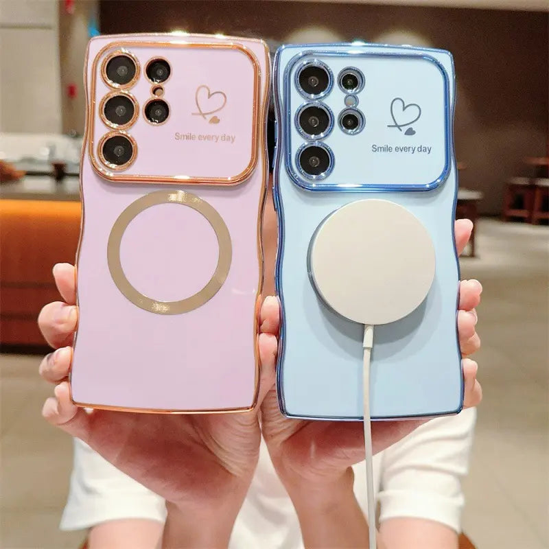 Wavy Edge Plating Smartphone Casing, Magnetic CD Pattern Shockproof Love Heart Cellphone Cover, Handheld Phone Accessories for Samsung S24 FE, S25 Ultra