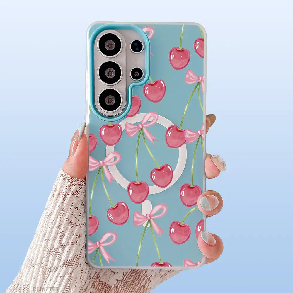 Pink Cherry and Bow Pattern Phone Case for Samsung Galaxy S26 Ultra S25 plus S24 FE S23 S22 Luxury Candy Color 2-In-1 Shockproof Magnetic Smartphone Case Matte Soft Cellphone Casing Cover