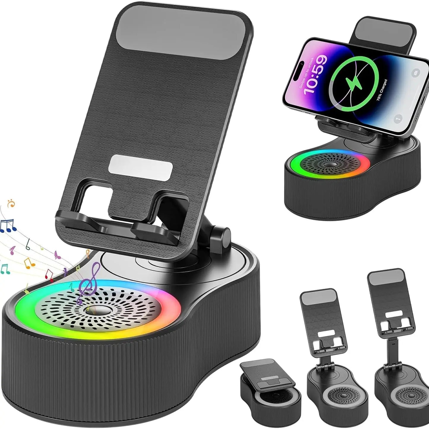 3-In-1 Wireless Charger Phone Stand with Bluetooth Speaker LED Ambient Light HD Surround Sound Minimalist Tech Desk Gadget Gift Men Women