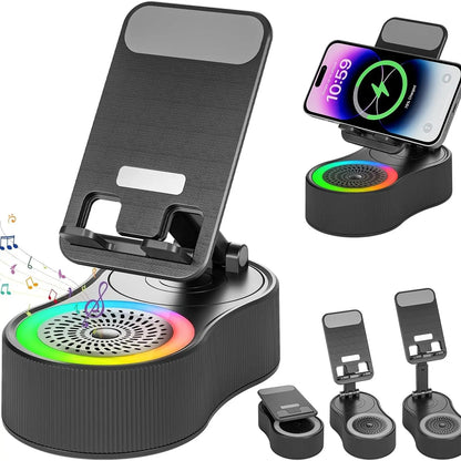 3-In-1 Wireless Charger Phone Stand with Bluetooth Speaker LED Ambient Light HD Surround Sound Minimalist Tech Desk Gadget Gift Men Women