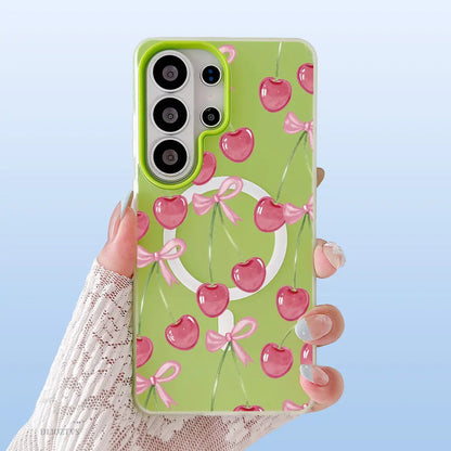 Pink Cherry and Bow Pattern Phone Case for Samsung Galaxy S26 Ultra S25 plus S24 FE S23 S22 Luxury Candy Color 2-In-1 Shockproof Magnetic Smartphone Case Matte Soft Cellphone Casing Cover