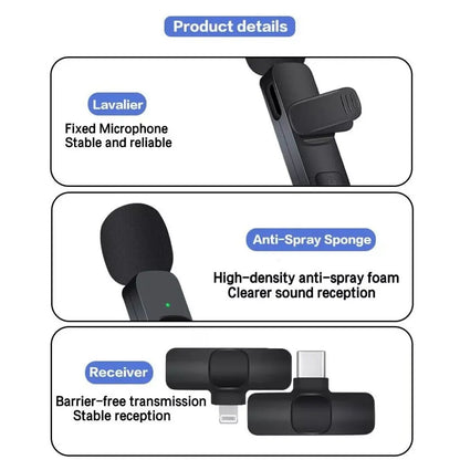 2 Pack Wireless Lavalier Microphone for Iphone Ipad Android Phone Plug and Play Noise Reduction Mini Microphone for Video Recording Interview Podcast Vlog Youtube Tiktok Audio Bluetooth Clip Portable Rechargeable