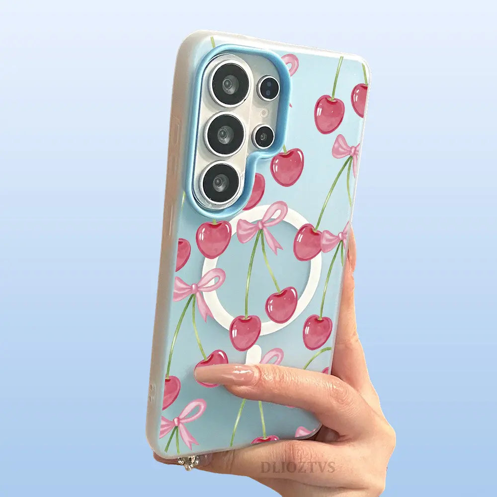 Pink Cherry and Bow Pattern Phone Case for Samsung Galaxy S26 Ultra S25 plus S24 FE S23 S22 Luxury Candy Color 2-In-1 Shockproof Magnetic Smartphone Case Matte Soft Cellphone Casing Cover