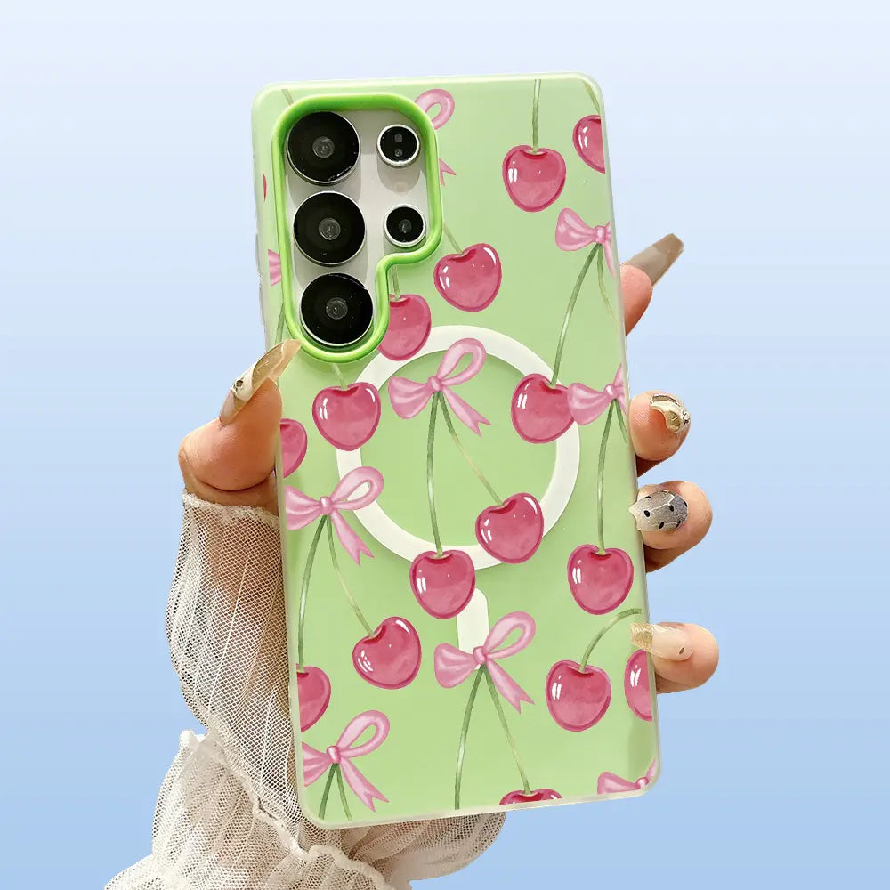 Pink Cherry and Bow Pattern Phone Case for Samsung Galaxy S26 Ultra S25 plus S24 FE S23 S22 Luxury Candy Color 2-In-1 Shockproof Magnetic Smartphone Case Matte Soft Cellphone Casing Cover