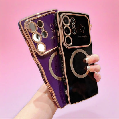 Wavy Edge Plating Smartphone Casing, Magnetic CD Pattern Shockproof Love Heart Cellphone Cover, Handheld Phone Accessories for Samsung S24 FE, S25 Ultra